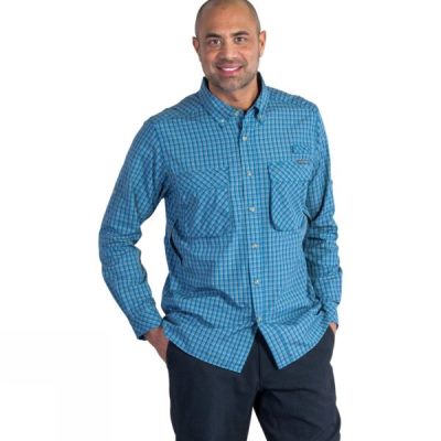 Camisa ExOfficio Air Strip Micro Plaid Manga Larga Hombre Azules - Chile VSC186793